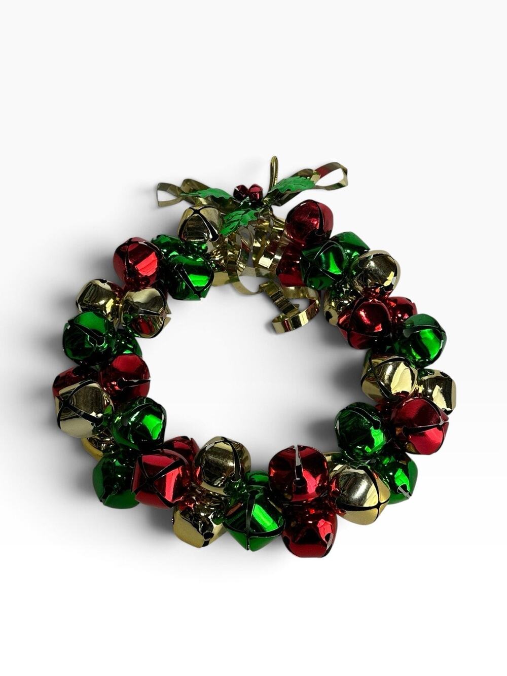 Christmas Jingle Bell Wreath Red Green Gold Bow Holiday Decor 10 In
